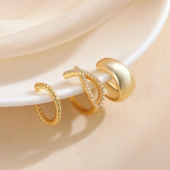 Chunky Ear Cuff Set Non Piercing Clip-On Cartilage Cubic Zirconia Earring - Picture 6 of 7